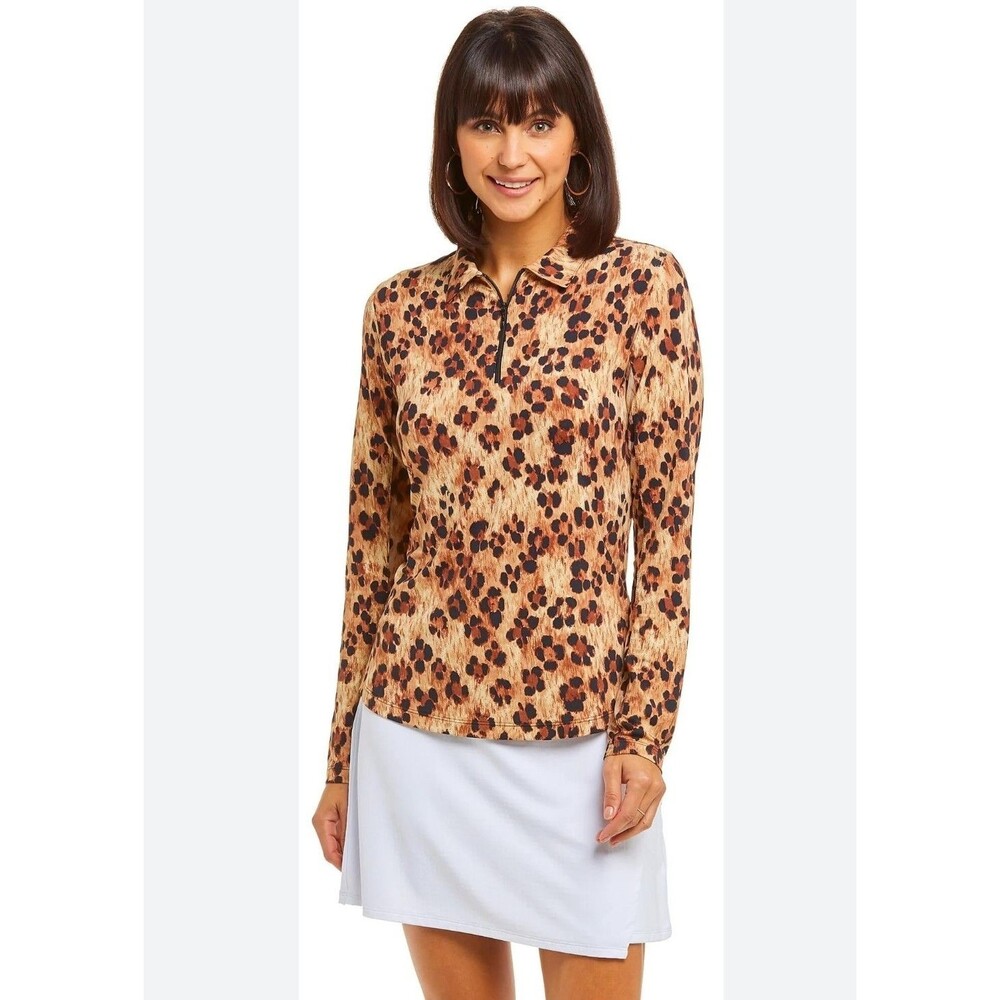 IBKUL Leopard Print 1/4 Zip Polo Pullover Women's Small Mesh Long Sleeves Golf